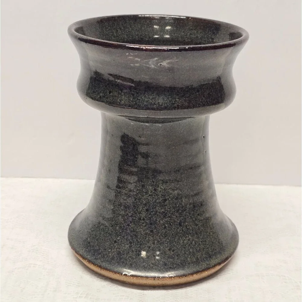 Vintage 80s Scandinavian Stoneware Pottery Floral Vase Blue Brown Signed Rustic - Picture 5 of 12